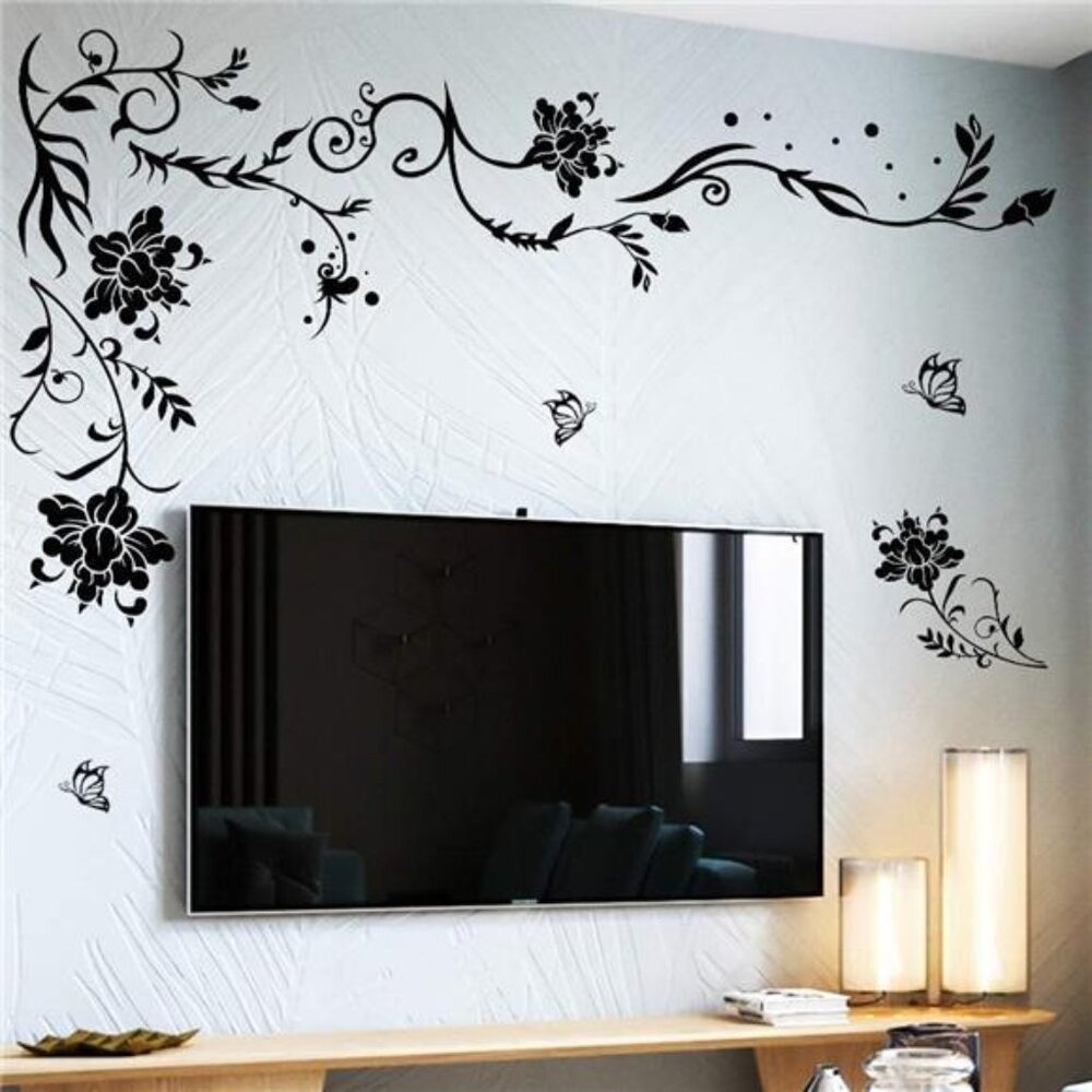 Flowers Butterflies Wall Decals Black Floral Vine Peel Stick Bedroom Decor